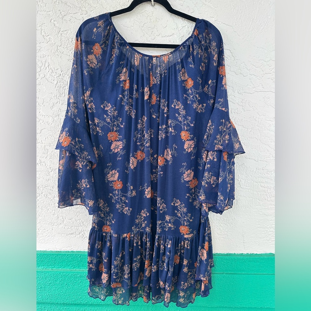 Free People Sunsetter Floral Blue Mini Dress Flowy Large - Picture 5 of 11